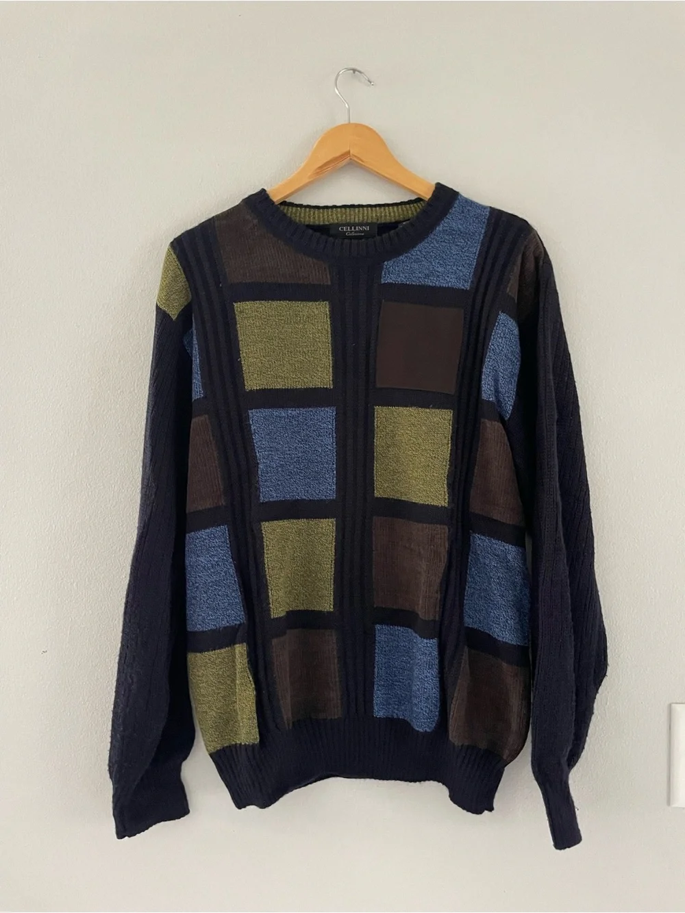 Mens Cellinni Navy Crewneck Sweater with Blue and Olive Blocks